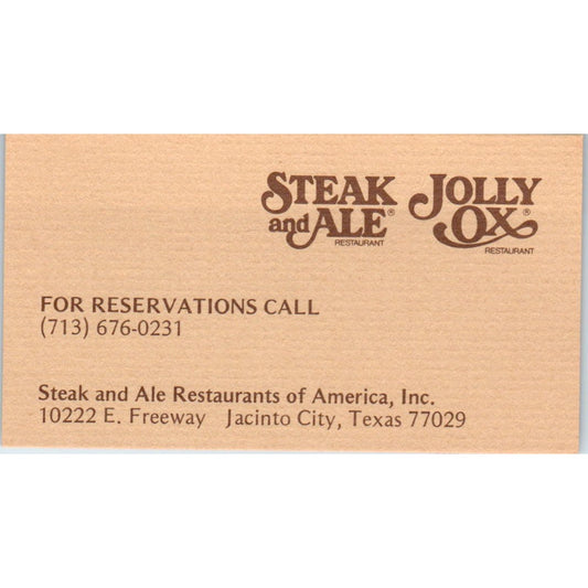 Steak and Ale Restaurants of America Jacinto City Vintage Business Card SD8-B8
