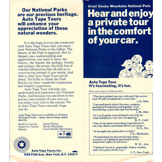 Vtg Great Smoky Mountains National Park Auto Tape Tour Travel Brochure AF7-E2