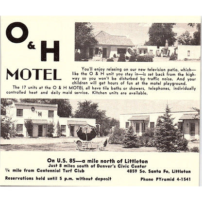 O&H Motel, Overland Motel Littleton CO 1958 Ad AG1-H1