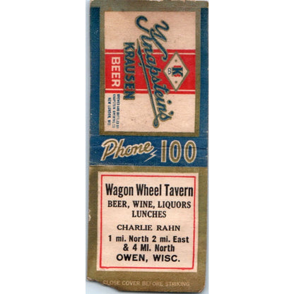 Wagon Wheel Tavern Charlie Rahn Owen WI Vintage Matchbook Cover SD2-Y14