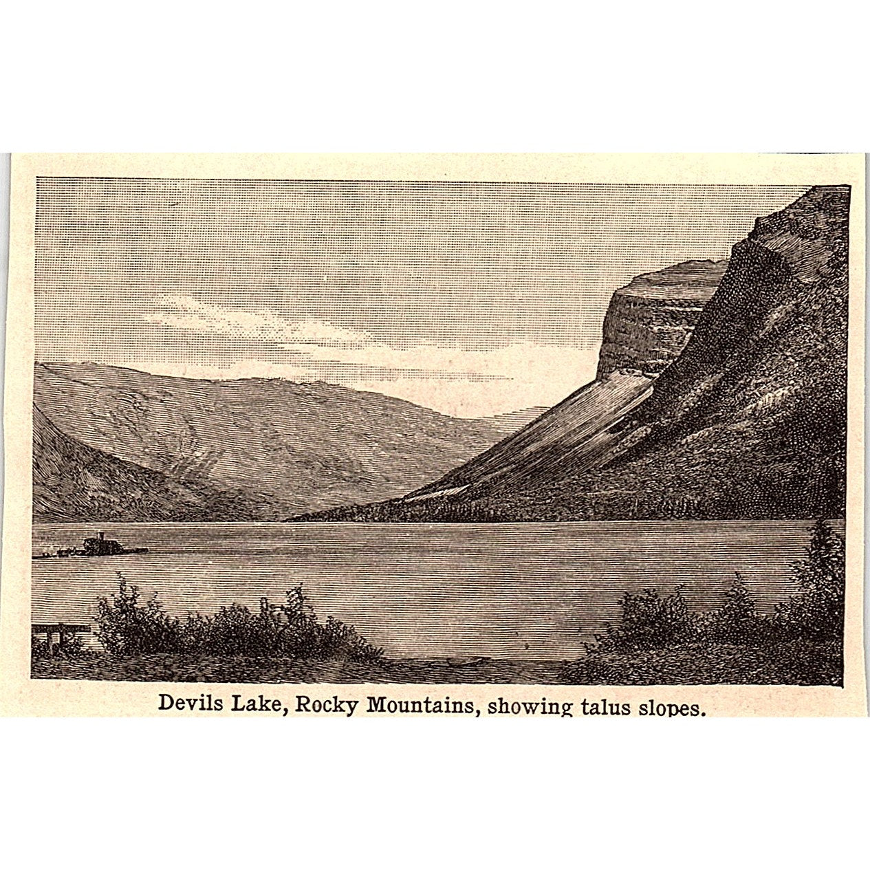 Devils Lake Rocky Mountains Talus Slopes 3x4" 1901 Engraving AF6-M10