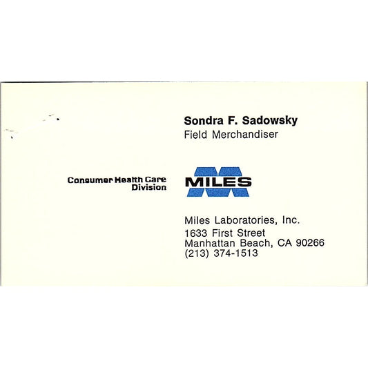Sondra F Sadowsky Miles Laboratories Manhattan Beach CA Business Card SD9-B10