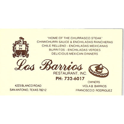 Los Barrios Restaurant Viola Barrios San Antonio Vintage Business Card SD9-B12