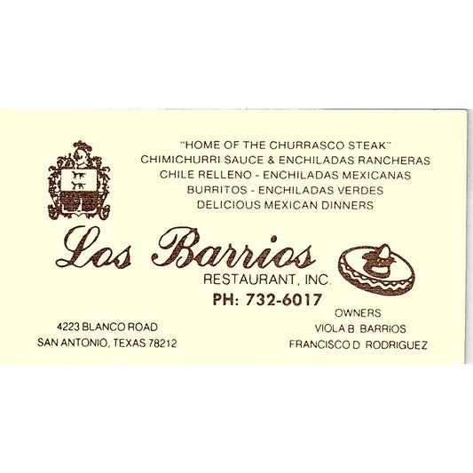 Los Barrios Restaurant Viola Barrios San Antonio Vintage Business Card SD9-B12