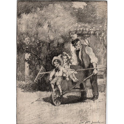 Man Pushing Children in Wheelbarrow Wm. Jacobs Vintage Art Print 5x7 V12
