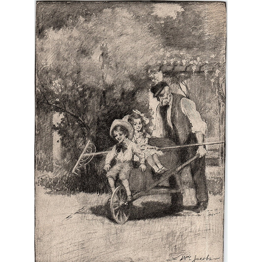 Man Pushing Children in Wheelbarrow Wm. Jacobs Vintage Art Print 5x7 V12