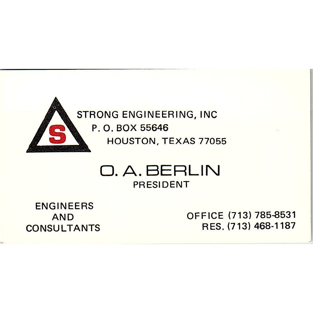Strong Engineering O A Berlin Houston Texas Vintage Business Card SF3-B6