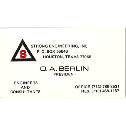 Strong Engineering O A Berlin Houston Texas Vintage Business Card SF3-B6