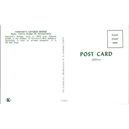 Vansant's Covered Bridge Pidock Creek Solebury Twp Covered Bridge Postcard PB13