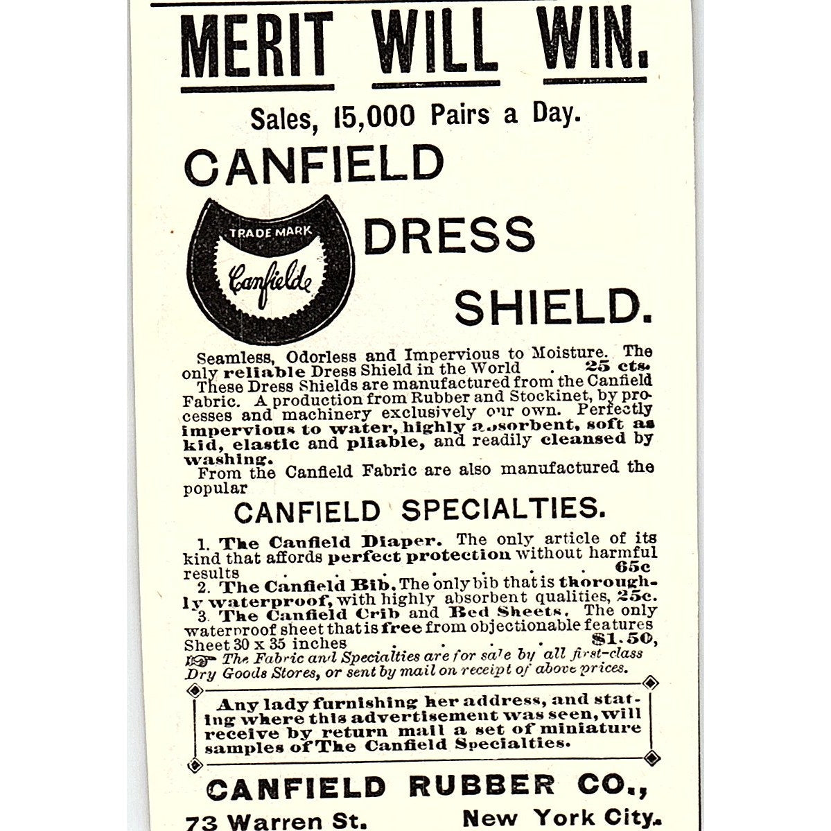 Candfield Dress Shield Canfield Rubber Co New York City 1892 Ad AG2-M11