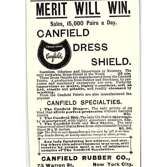 Candfield Dress Shield Canfield Rubber Co New York City 1892 Ad AG2-M11