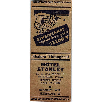 Hotel Stanley HL & Mazie Peterson Stanley WI Vintage Matchbook Cover SC7-Y2