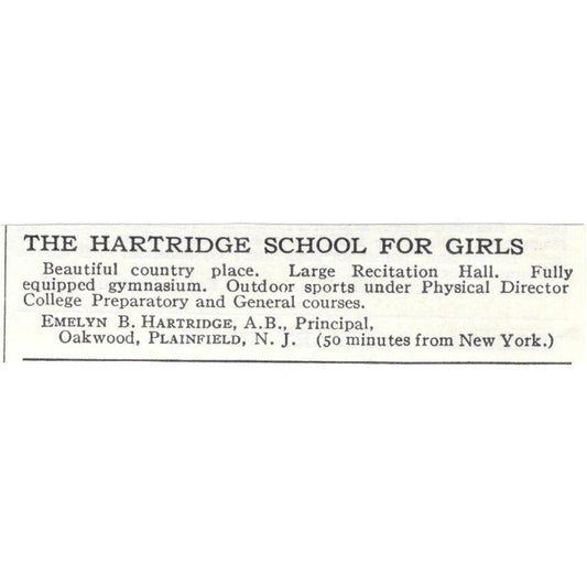 Emelyn B. Hartridge School for Girls Plainfield NJ c1918 Advertisement AE5-SA8