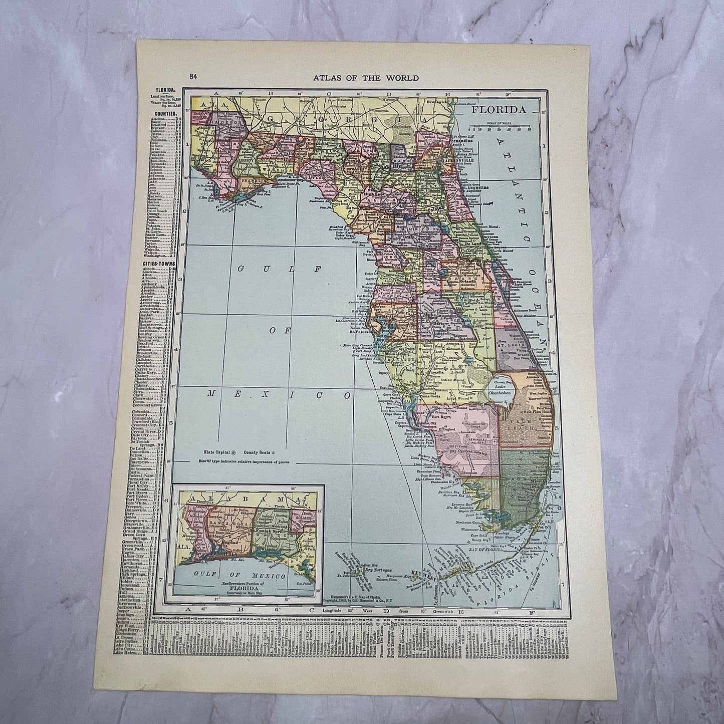 Map of Florida, Georgia Double Sided 1910 Print V14-7