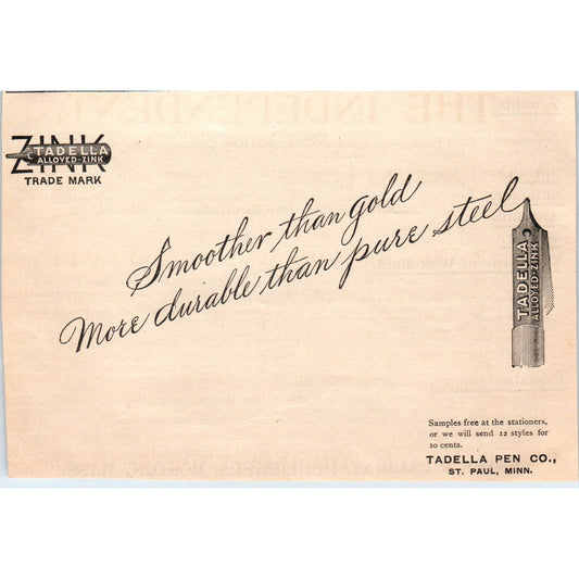 Alloyed Zink Tadella Pen Co St. Paul MN 1892 Magazine Ad AB6-SM2