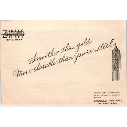 Alloyed Zink Tadella Pen Co St. Paul MN 1892 Magazine Ad AK5-H8