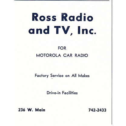 Ross Radio and TV Inc for Motorola Car Radio Fort Wayne Indiana 1964 Ad AG1-9