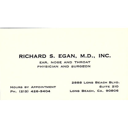 Richard S Egan Eye Nose Physician and Surgeon Long Beach CA Business Card SB4-B1