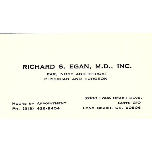 Richard S Egan Eye Nose Physician and Surgeon Long Beach CA Business Card SB4-B1