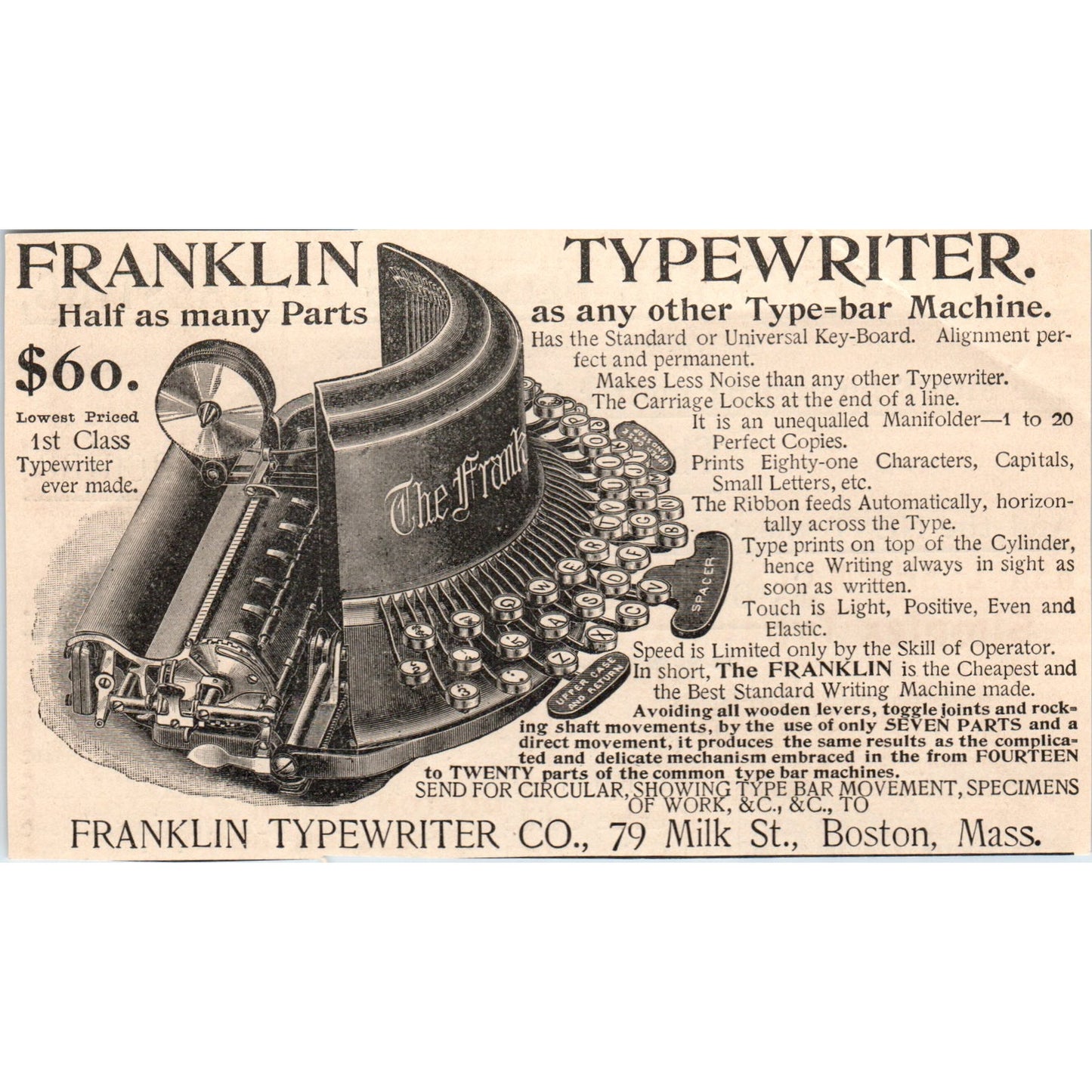 Franklin Typewriter Co Milk St. Boston MA 1892 Magazine Ad AB6-SM2