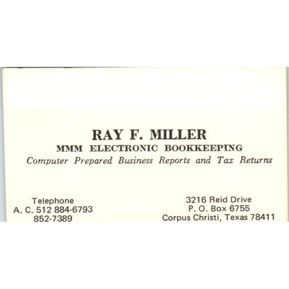 Ray F. Miller MMM Electronic Bookkeeping Corpus Christi Vtg Business Card SD8-B9