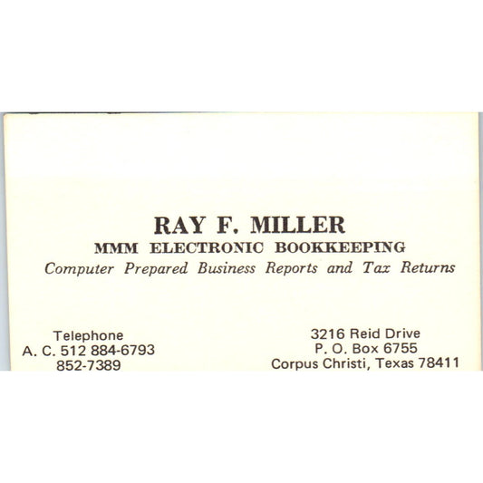 Ray F. Miller MMM Electronic Bookkeeping Corpus Christi Vtg Business Card SD8-B9