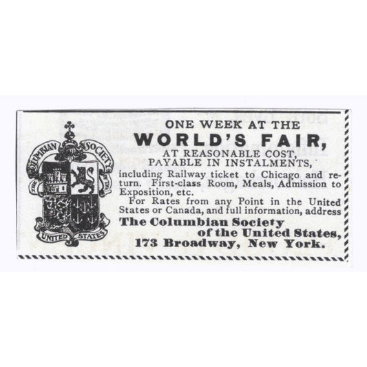 World's Fair Trip Columbian Society of the USA c1890 Victorian Ad AE9-CH2