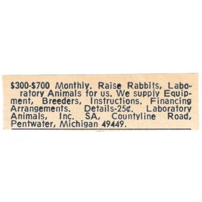 Laboratory Animals Inc Raise Rabbits Pentwater MI 1977 Ad AF6-S9