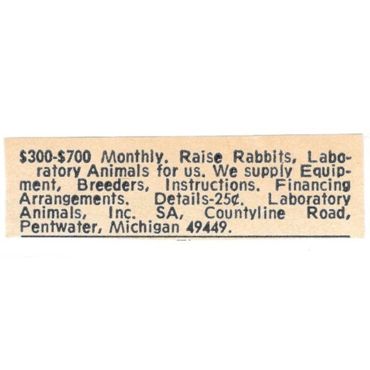 Laboratory Animals Inc Raise Rabbits Pentwater MI 1977 Ad AF6-S9