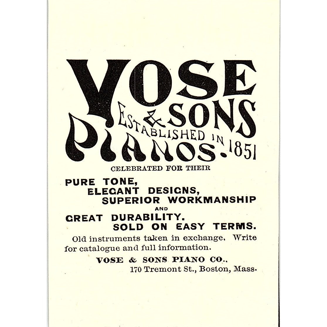 Vose & Sons Pianos Co 170 Tremont St Boston MA 1892 Ad AG2-M9