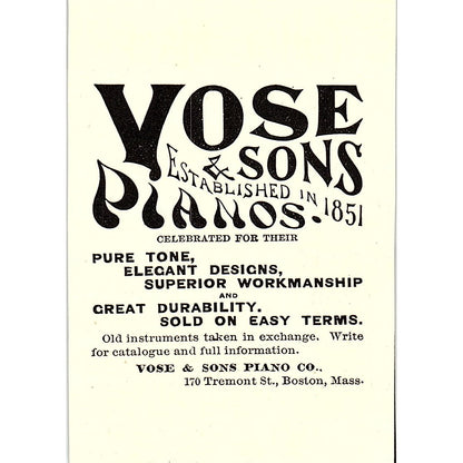 Vose & Sons Pianos Co 170 Tremont St Boston MA 1892 Ad AG2-M9