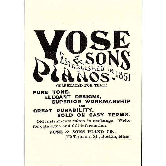 Vose & Sons Pianos Co 170 Tremont St Boston MA 1892 Ad AG2-M9