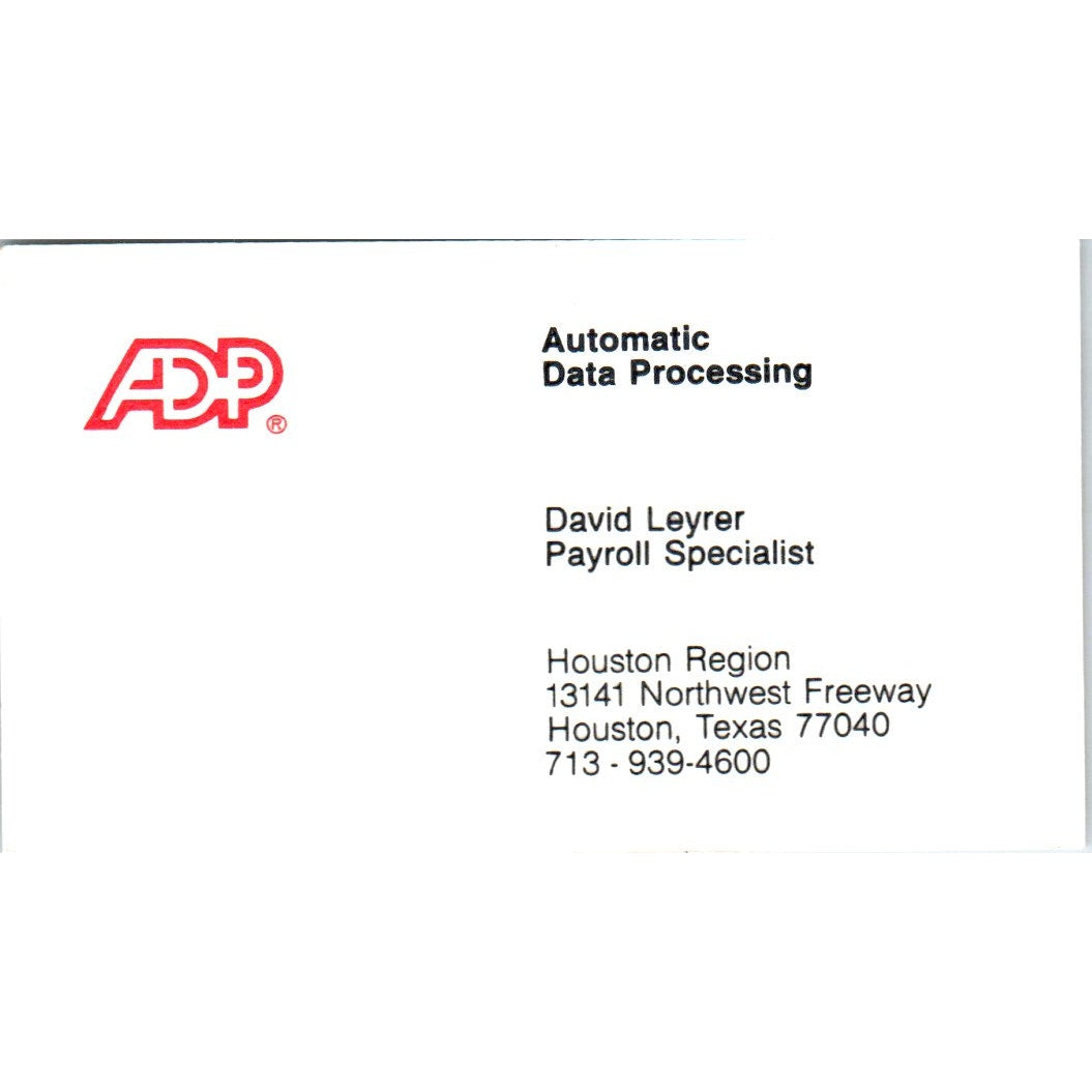 David Leyrer ADP Automatic Data Processing Houston Vintage Business Card SD8-B16