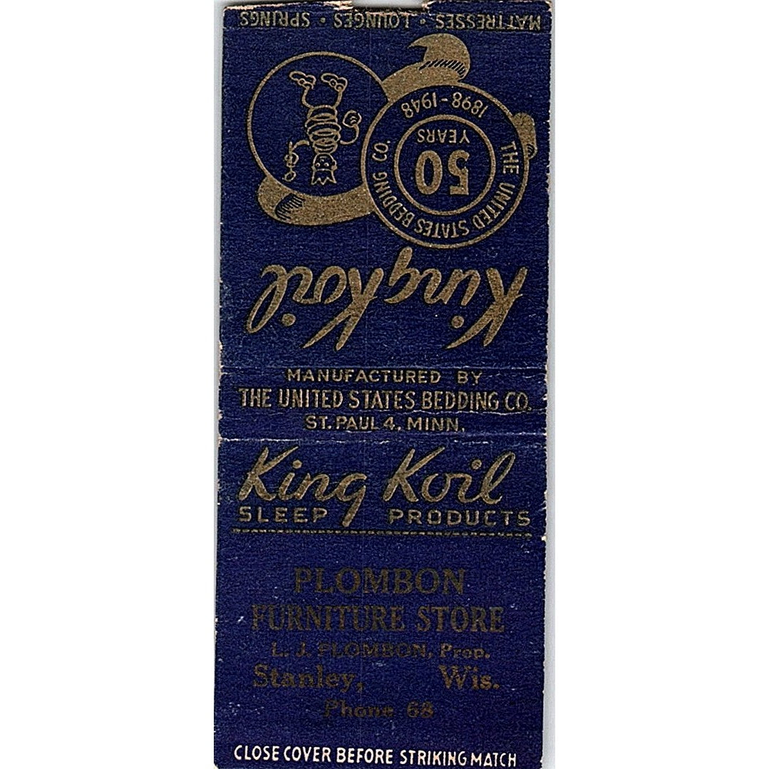 L.J. Plombon Furniture Store King Koil Stanley WI Vintage Matchbook Cover SE5-Y2