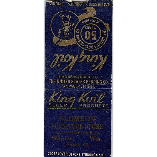 L.J. Plombon Furniture Store King Koil Stanley WI Vintage Matchbook Cover SE5-Y2