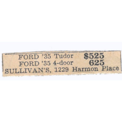 35 Ford Tudor Sullivan's Auto Sales Harmon Place 1935 Newspaper Ad AE7-H3