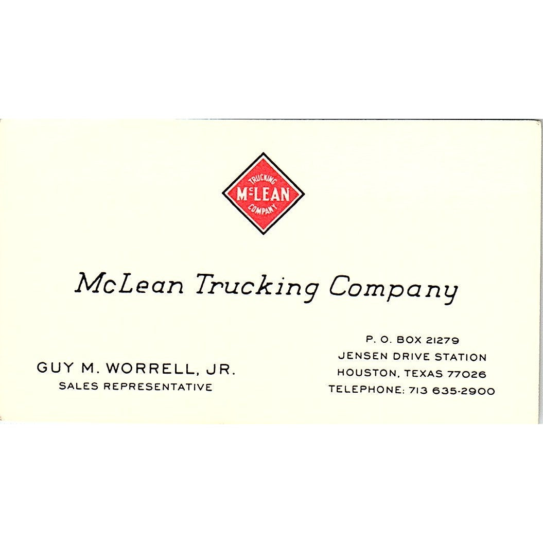 McLean Trucking Company Guy M Worrell Jr Houston TX Vintage Business Card SB4-B6