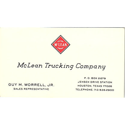 McLean Trucking Company Guy M Worrell Jr Houston TX Vintage Business Card SB4-B6