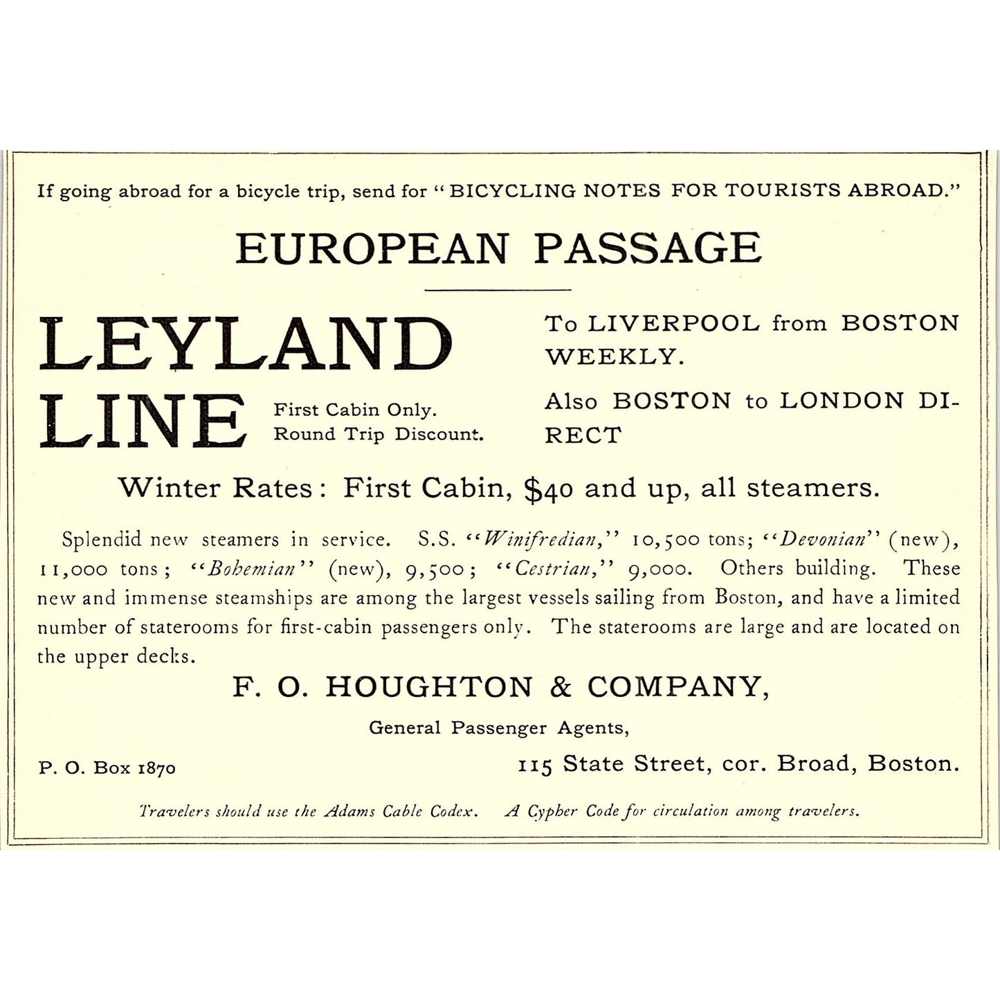 Leyland Line F.O. Houghton Company Boston - 1902 Ad AF4-13