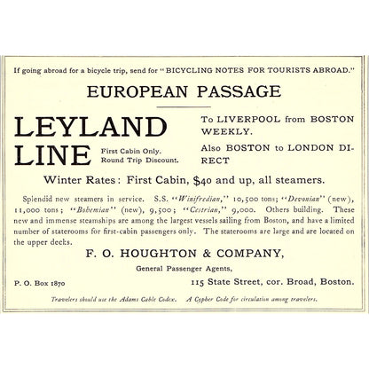 Leyland Line F.O. Houghton Company Boston - 1902 Ad AF4-13