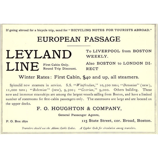 Leyland Line F.O. Houghton Company Boston - 1902 Ad AF4-13