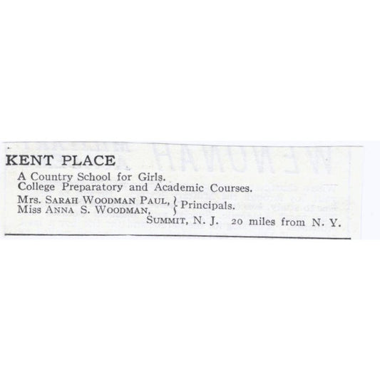 Kent Place Sarah Woodman Paul Anna S. Woodman Summit NJ c1918 Advert AE5-SA8