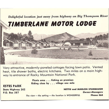 Timberlane Motor Lodge, Dave & DL Hart's Cottage Inn Estes Park 1958 Ad AG1-H1
