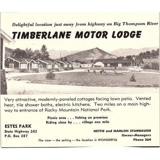 Timberlane Motor Lodge, Dave & DL Hart's Cottage Inn Estes Park 1958 Ad AG1-H1