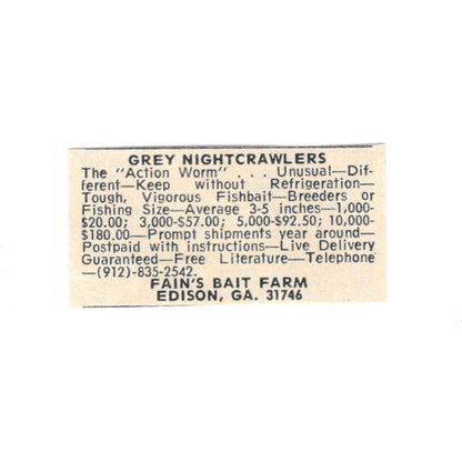 Grey Nightcrawlers Fain's Bait Farm Edison GA 1977 Ad AF6-S2