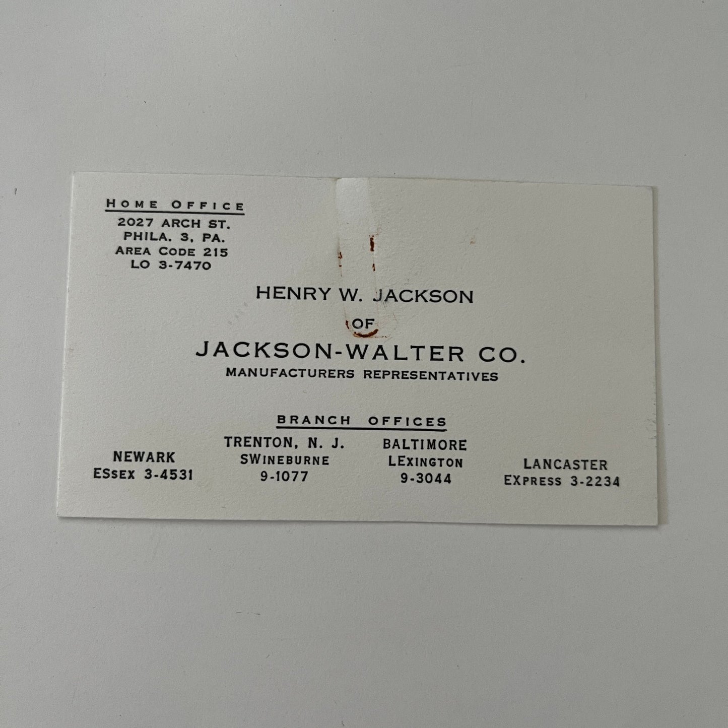 Henry W. Jackson - Jackson-Walter Co Mfg Reps Philadelphia Business Card AI9-S7