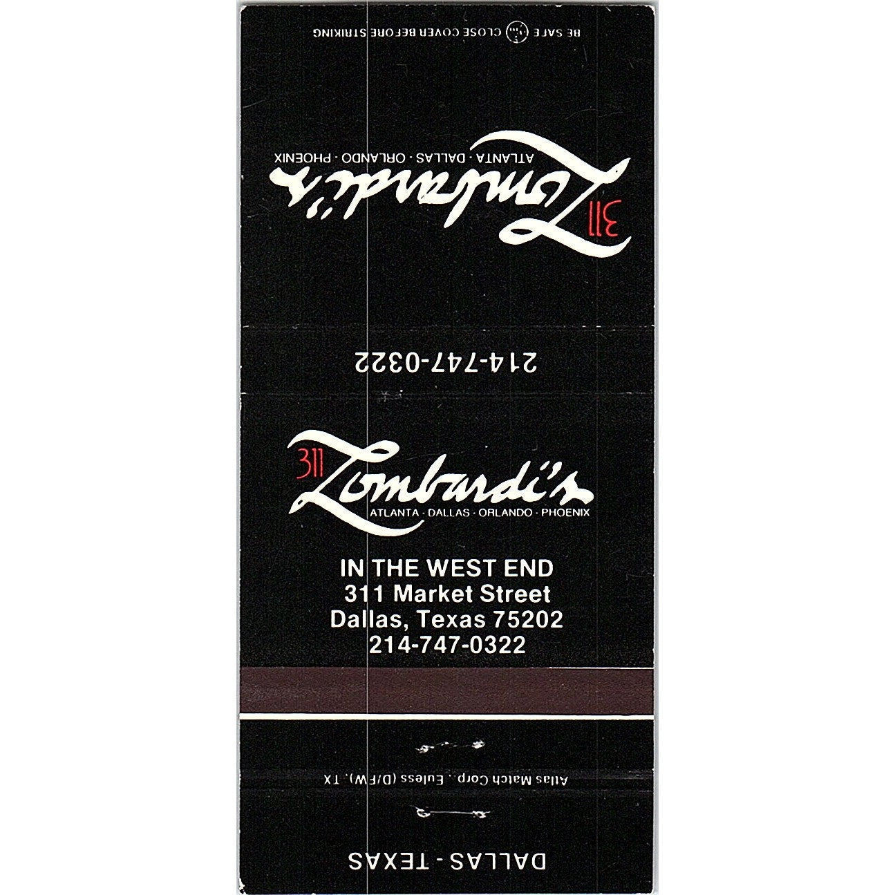 Lombardis in the West End Dallas Texas Vintage Matchbook TB6-MB2-8