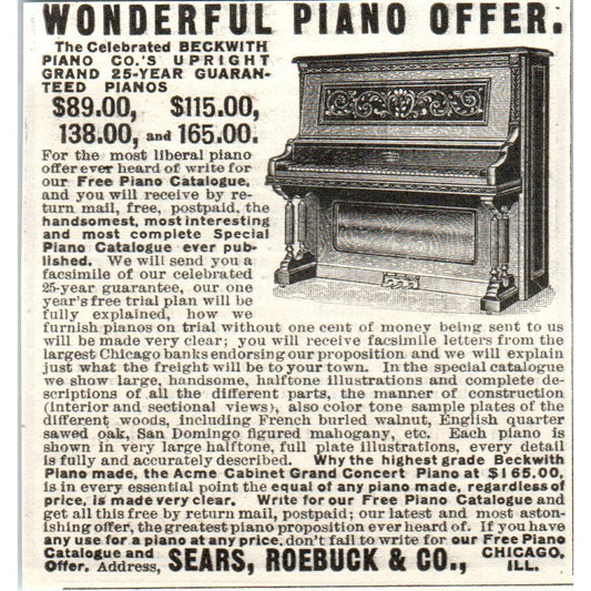 Sears, Roebuck & Co Piano Offer c1905 Original Magazine Advertisement AE7-A3
