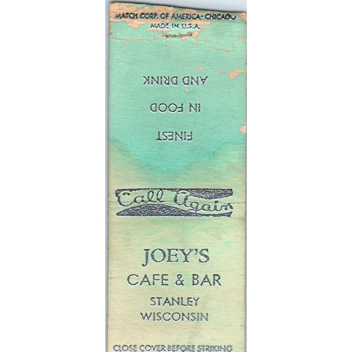 Joey's Cafe & Bar Stanley WI Vintage Matchbook Cover SD2-Y9