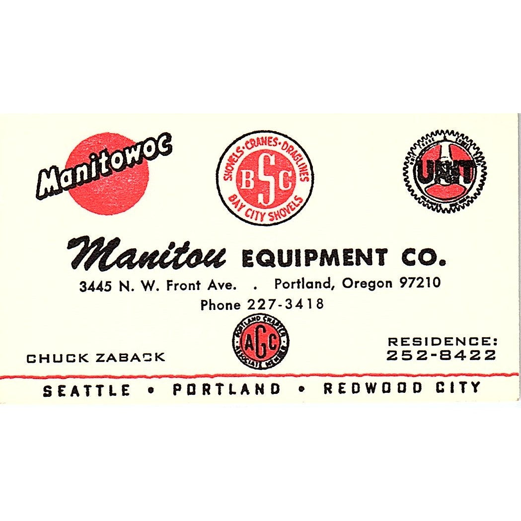 Manitou Equipment Co. Chuck Zaback Portland Oregon Vintage Business Card SB4-B6